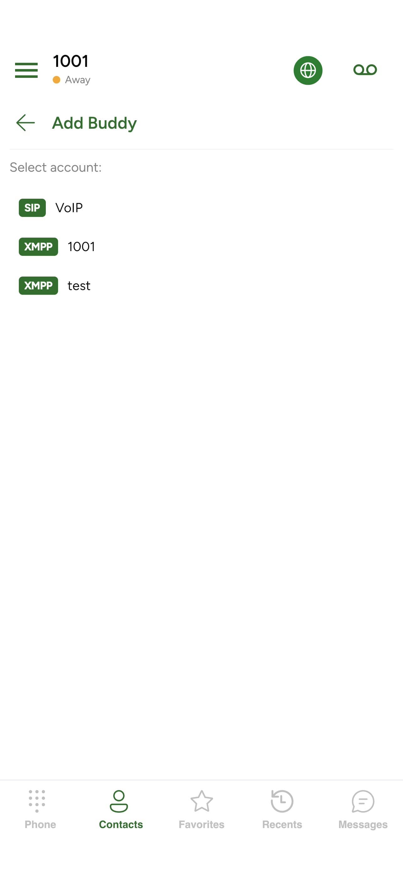The Add Buddy dialog showing XMPP and SIP account options