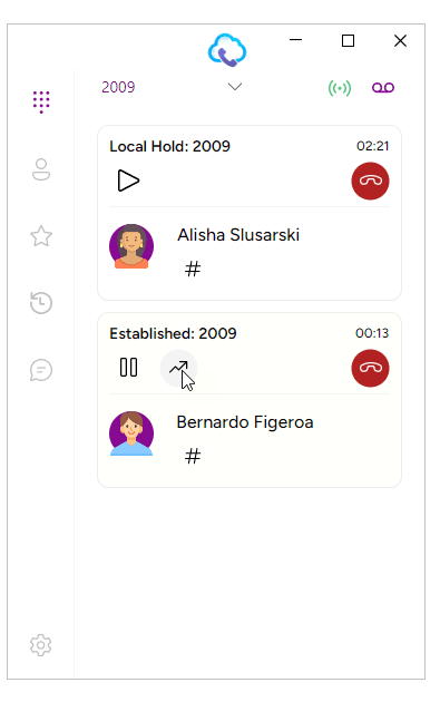 Desktop attended-transfer multi-call view with Alisha and Bernado ready to be connected