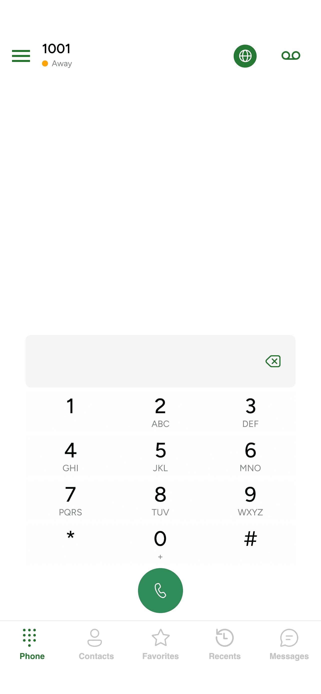 The dialpad showing an Away presence dot
