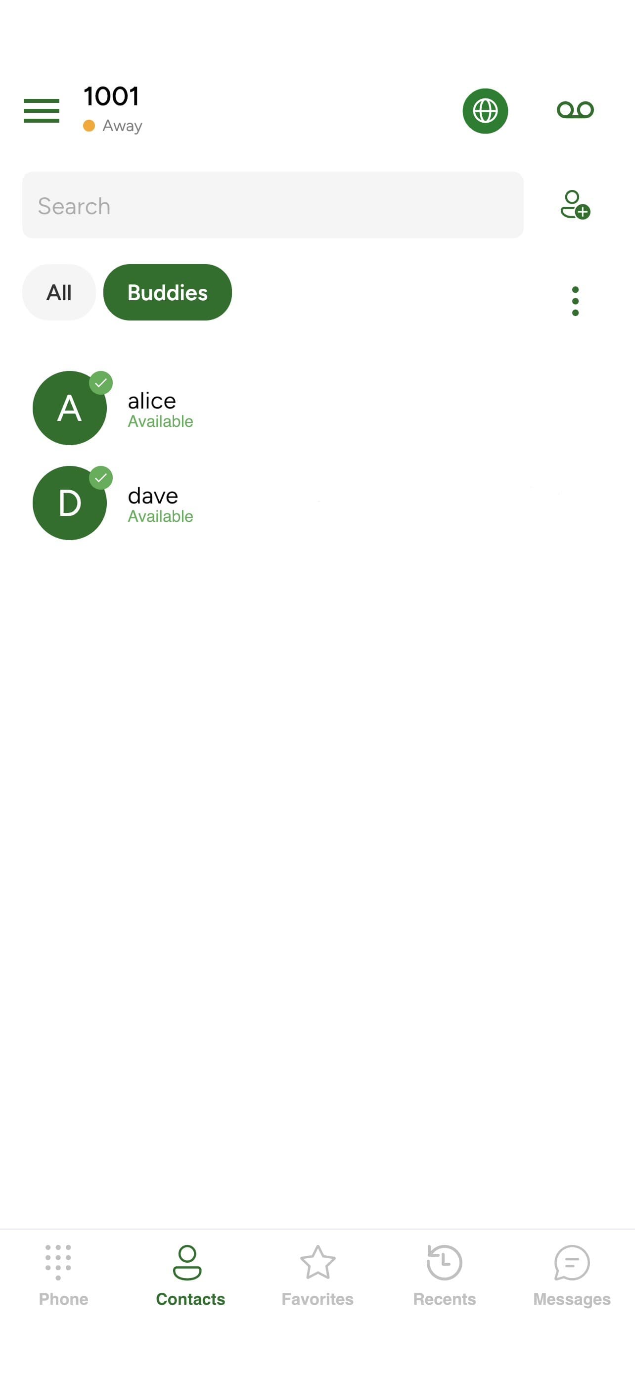 The Buddies list showing a newly added buddy
