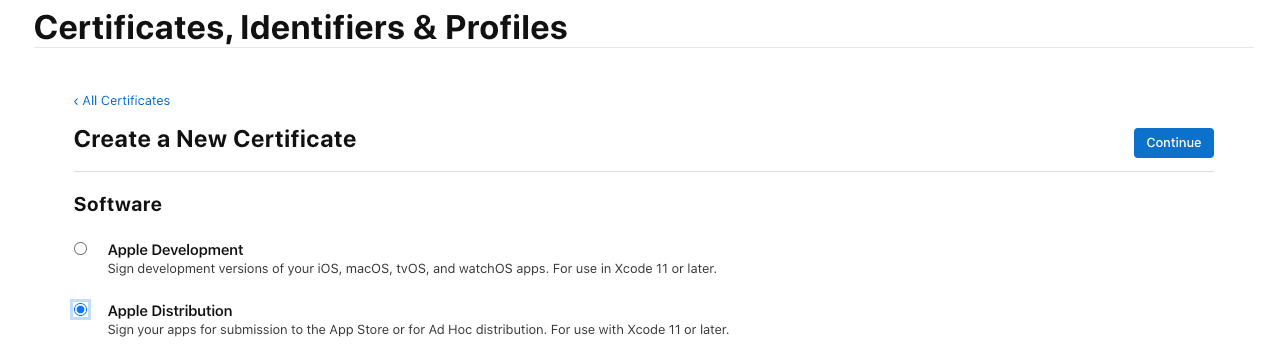 Apple Developer certificate creation form with Apple Distribution radio button selected
