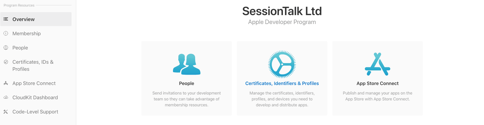 Apple Developer portal main view with Certificates, Identifiers and Profiles section