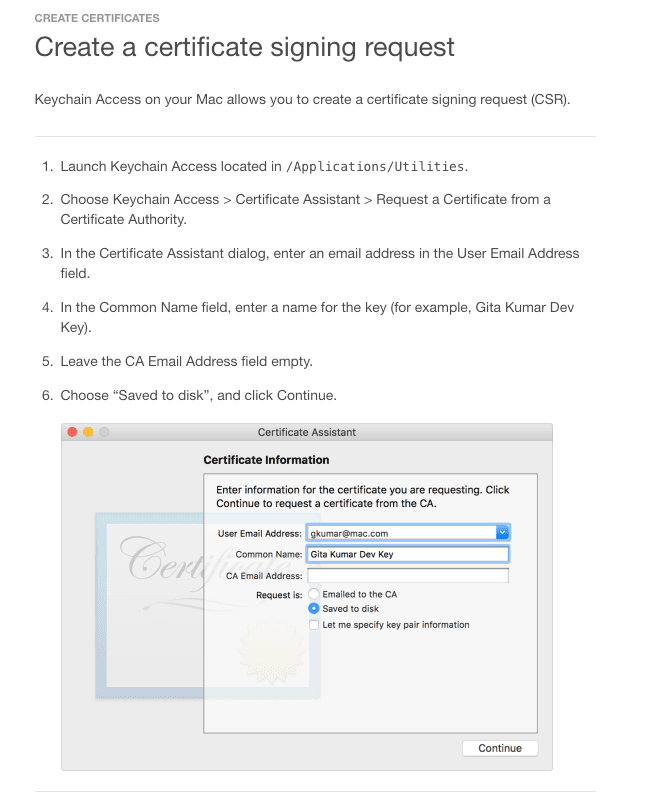 Apple Developer instructions for creating a Certificate Signing Request using Keychain Access on macOS