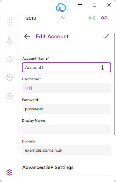 Desktop softphone Add Account form with username, password, and domain fields