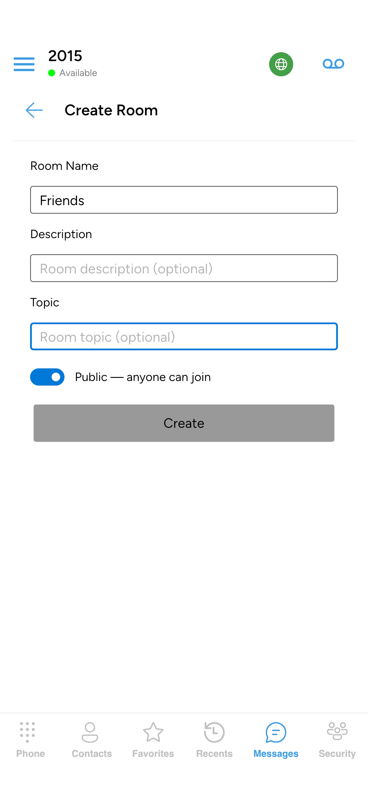 The Create Room form filled in with the Create button at the bottom