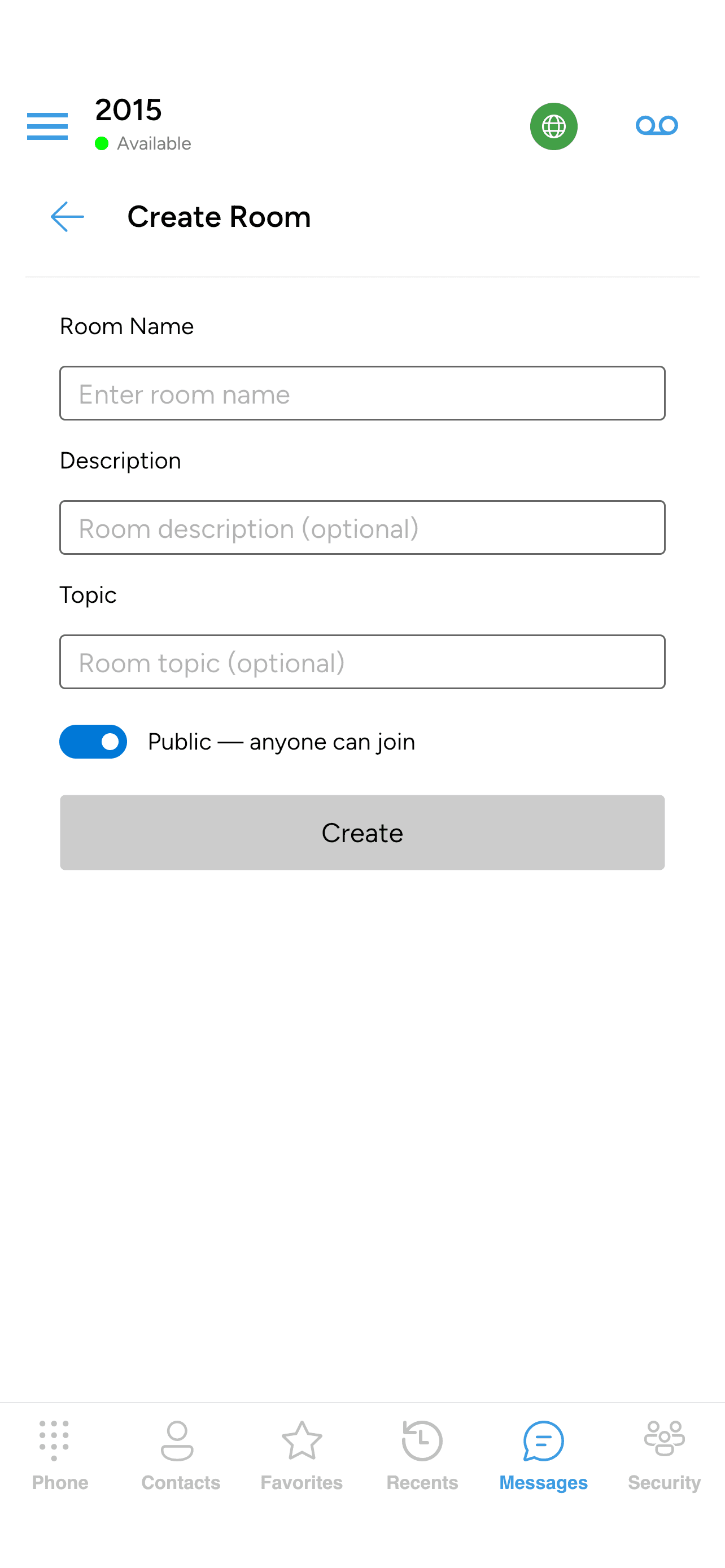 The empty Create Room form with Room Name, Description, Topic, and the Public/Private toggle