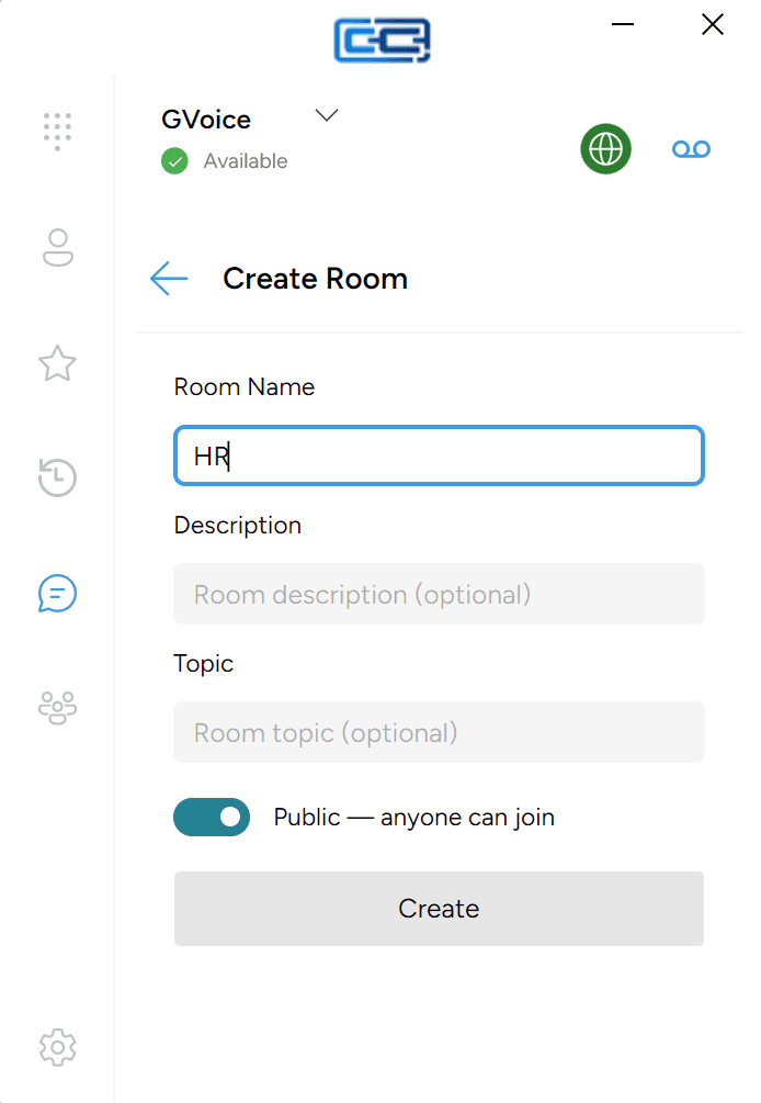 The Create Room form with Room Name, Description, Topic, and Public/Private toggle