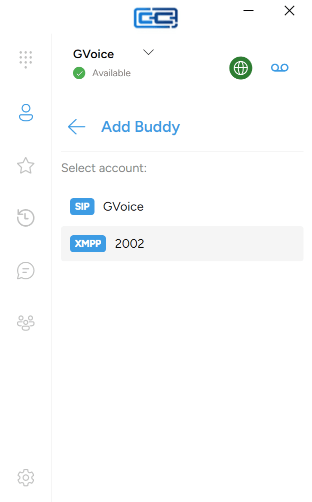 The Add Buddy account picker showing an XMPP row and a SIP row