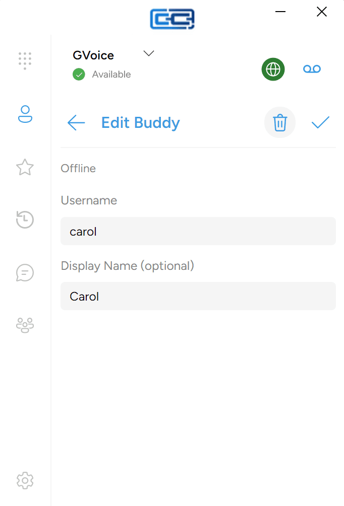 The Edit Buddy dialog with the trash icon in the top-right