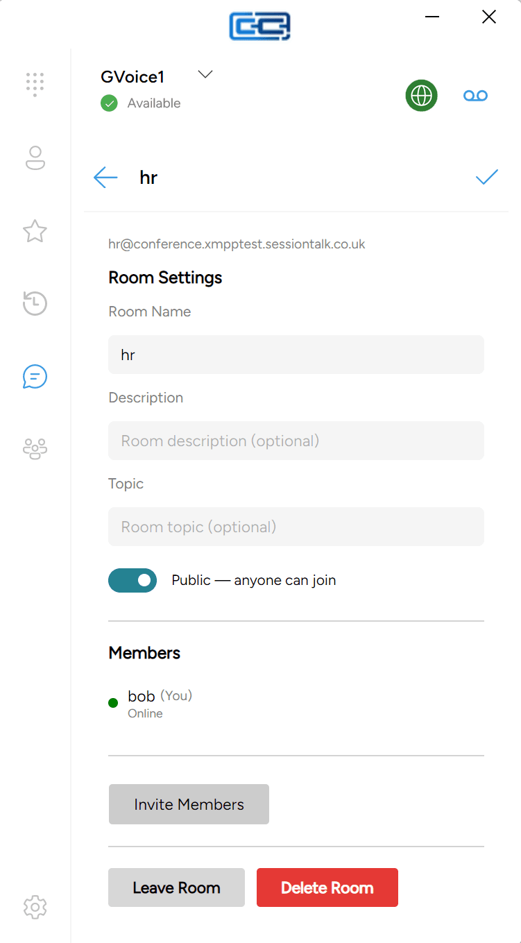 The Leave Room button at the bottom of the room details panel
