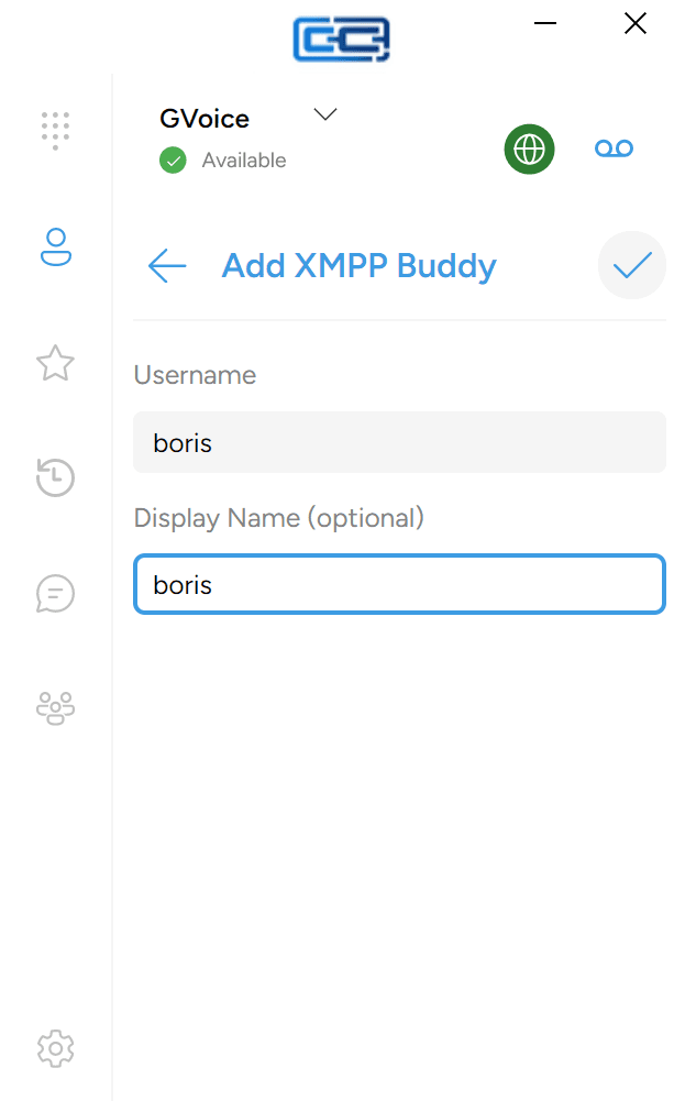 The Add XMPP Buddy form with Username and Display Name fields and the checkmark save button in the top-right