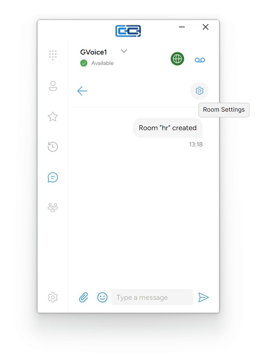The gear icon in the top-right of the room's conversation header