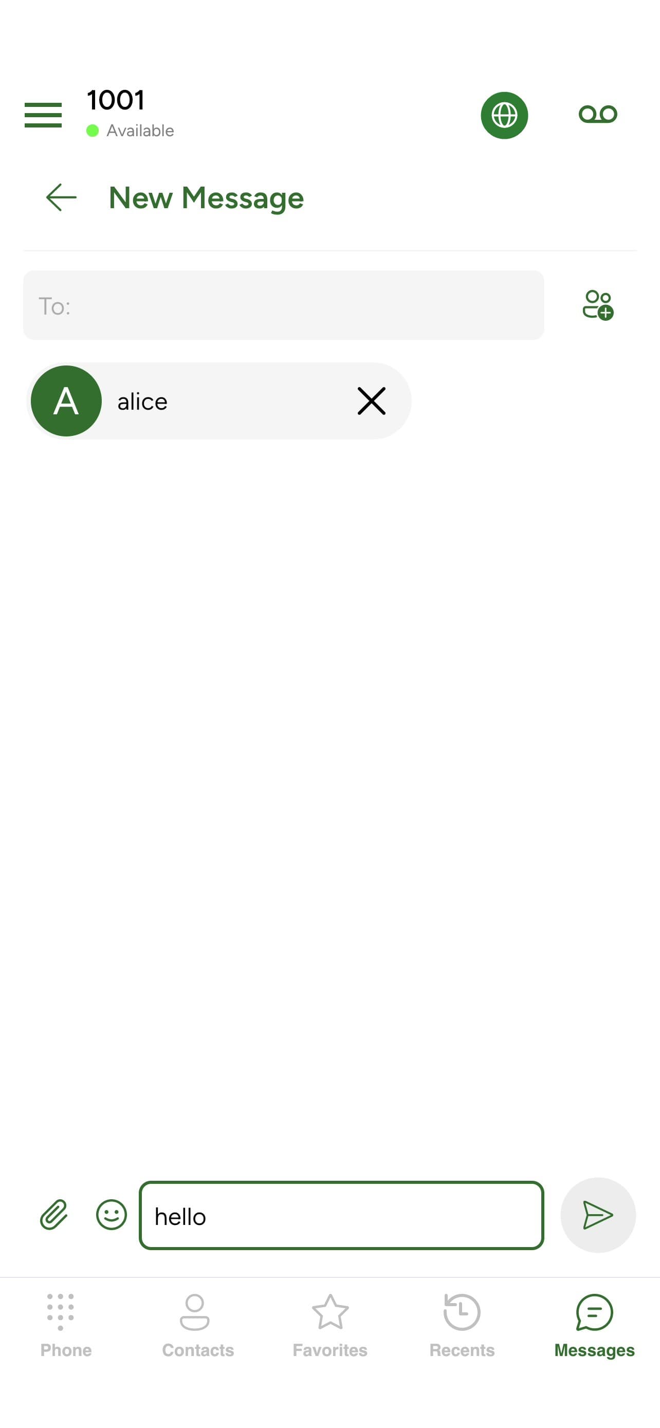 A first message sent, with the green delivered checkmark next to its timestamp