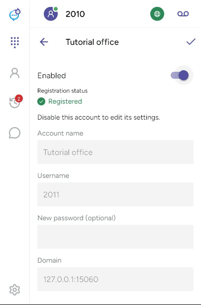 Existing SIP account showing Enabled and registration status