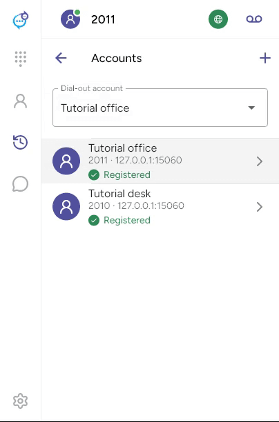 Accounts with the Dial-out account selector and add button