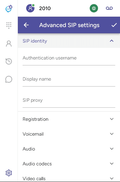 Advanced SIP settings including the Video calls section