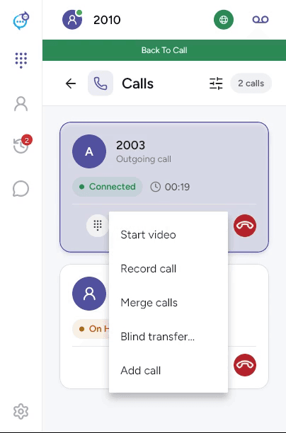 More menu on a desktop call card