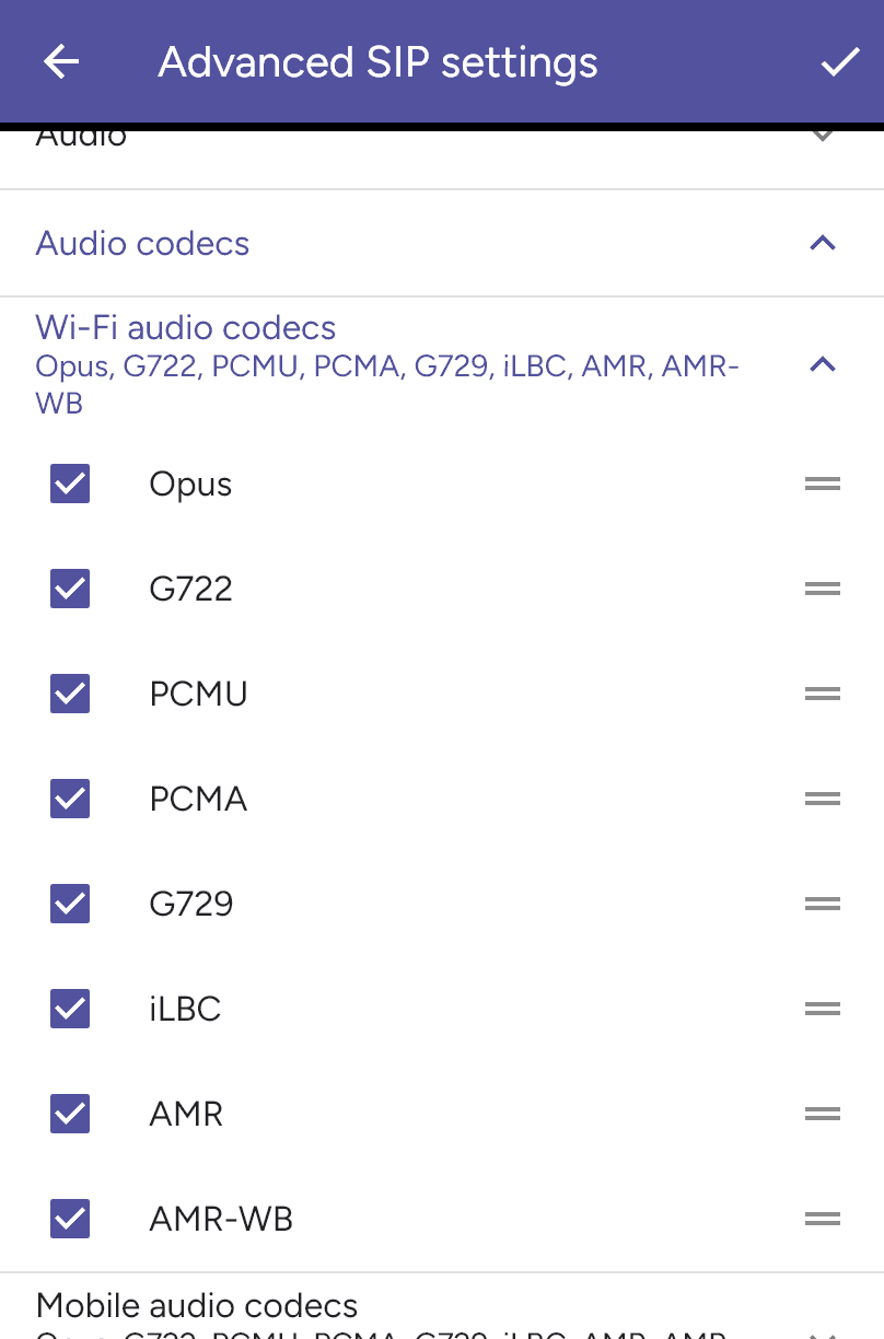 Audio codec checkboxes and priority handles