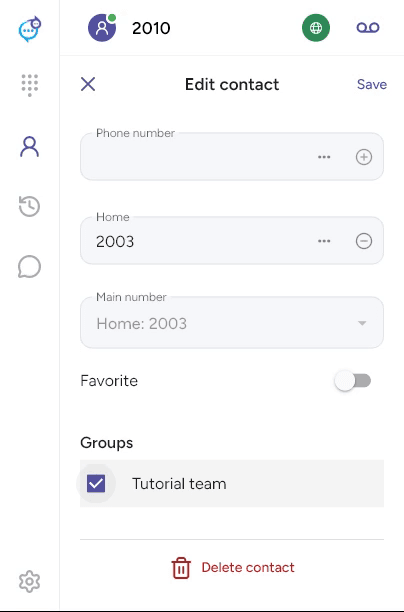 Main number, favourite and group settings on a contact
