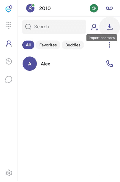 Contacts with add-contact and import controls