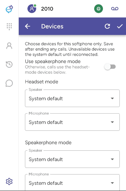 Desktop device settings with separate headset and speakerphone modes