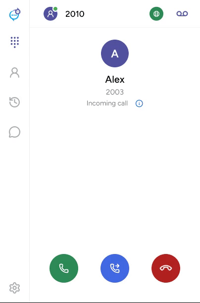 Incoming call with answer, forward and decline buttons