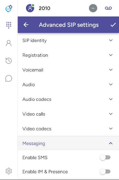 SIP messaging switches in Advanced SIP settings