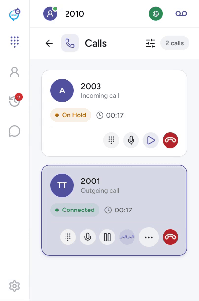 Two desktop call cards showing held and connected calls