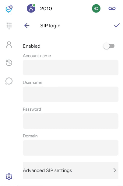 SIP login form with the current account fields