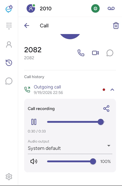 Call recording player with audio output and volume controls