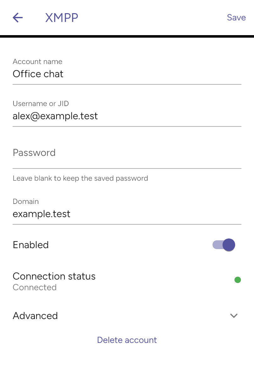 XMPP account showing its connection status