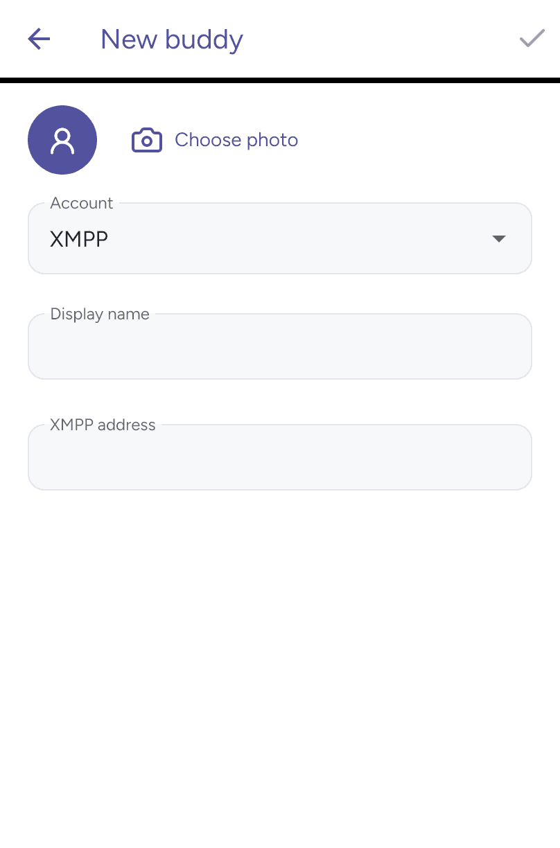 Current New buddy form with account and XMPP address