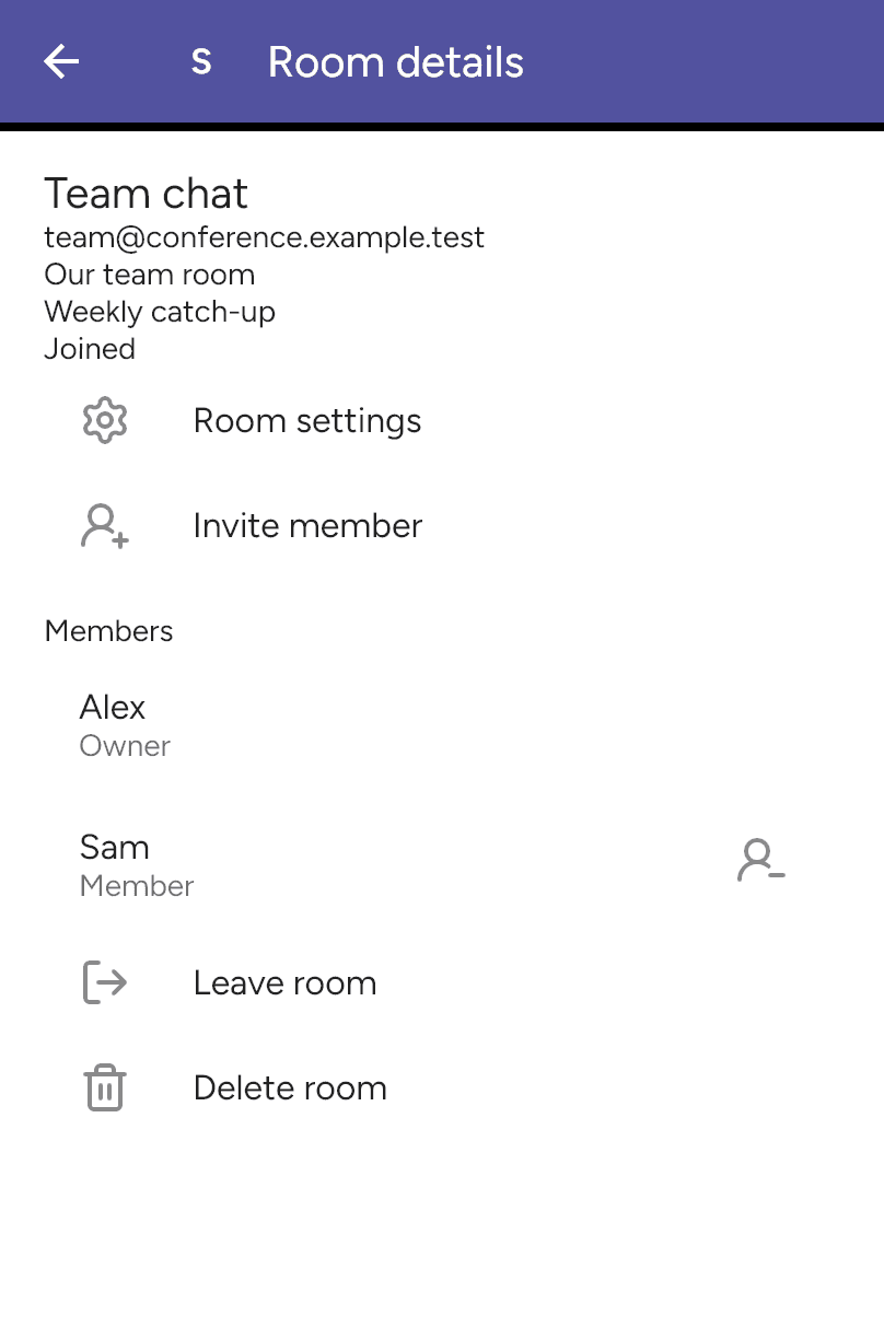 Room details showing owner and member roles