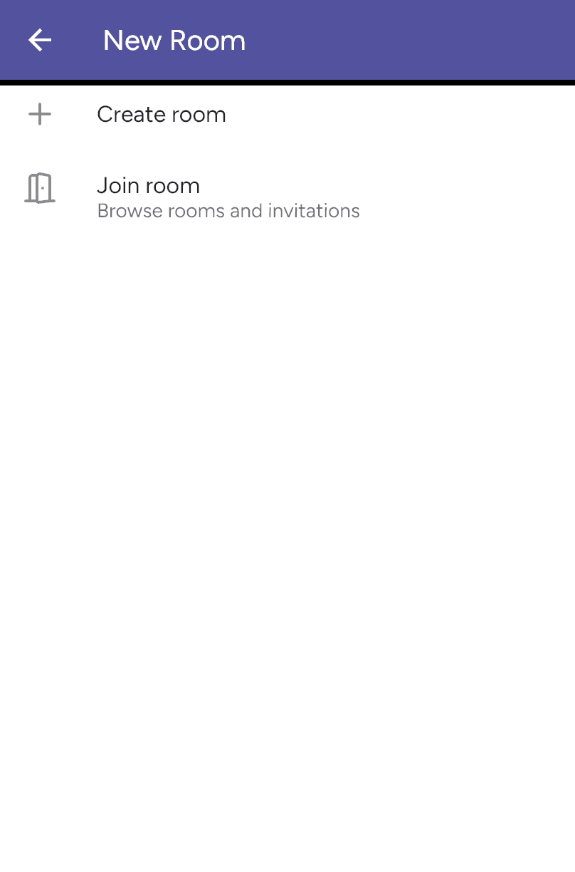 New Room screen with Create room and Join room