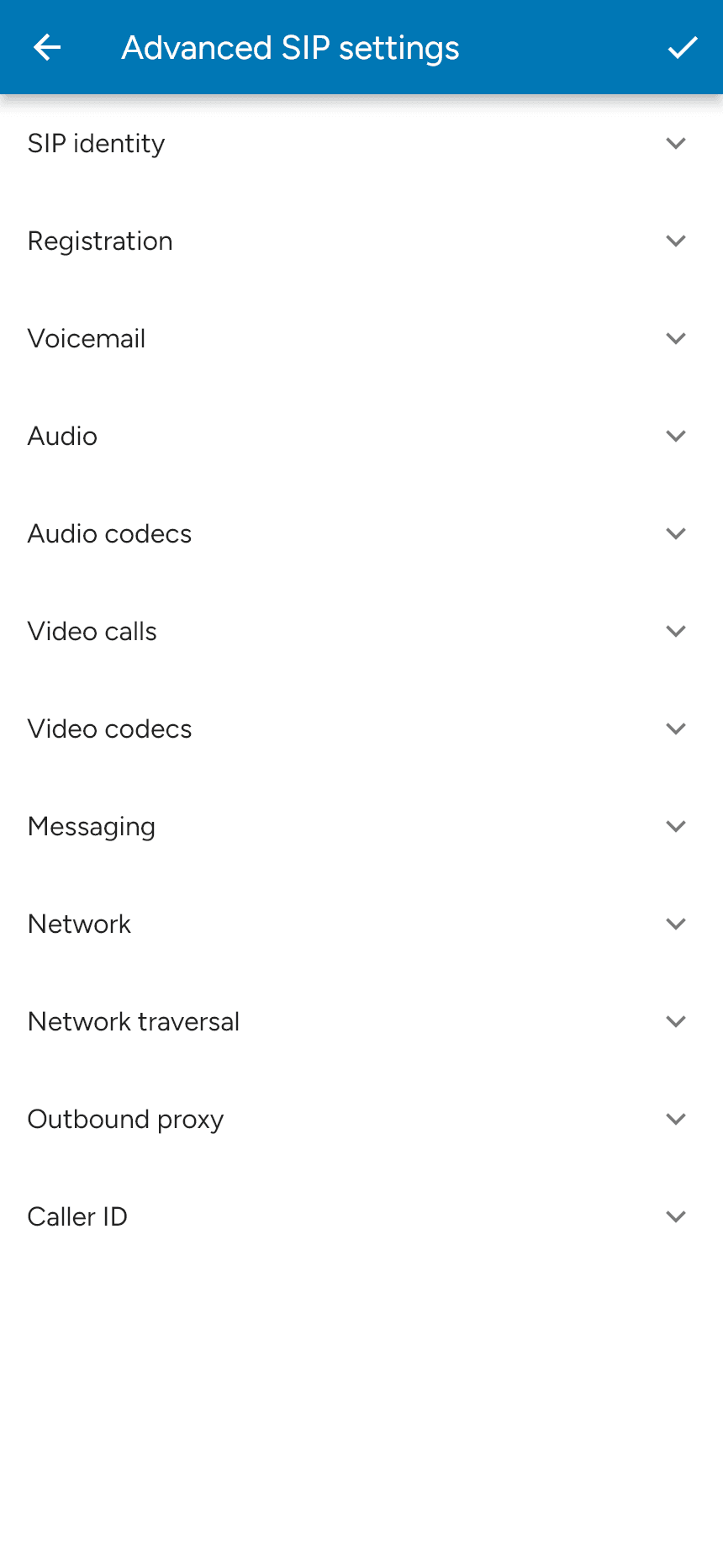 Advanced SIP settings sections