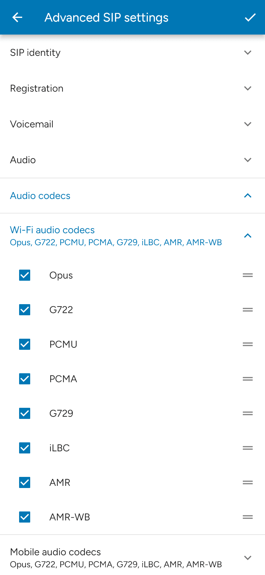 Audio codec checkboxes and reorder handles