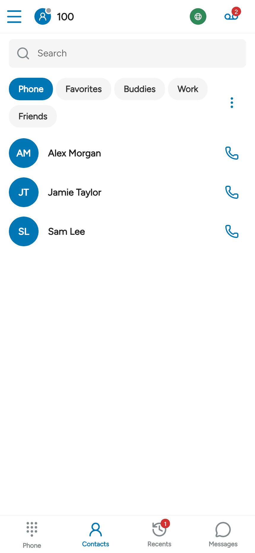 Phone contacts in the mobile app