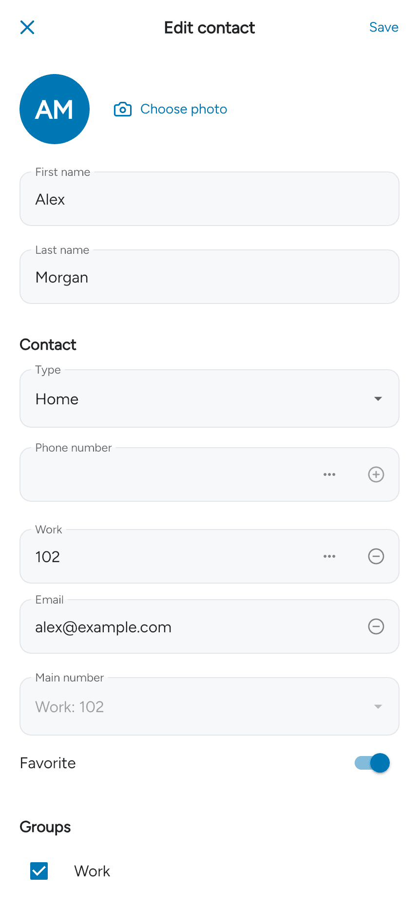 Editing a contact with a work number and email