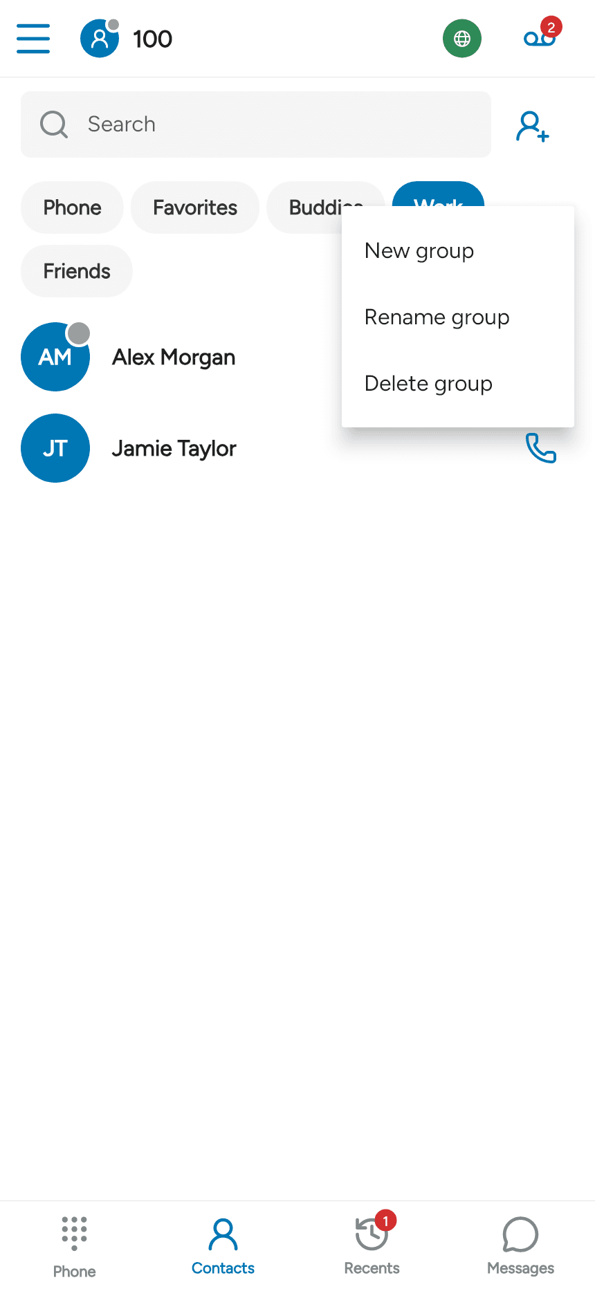 Actions for the selected group