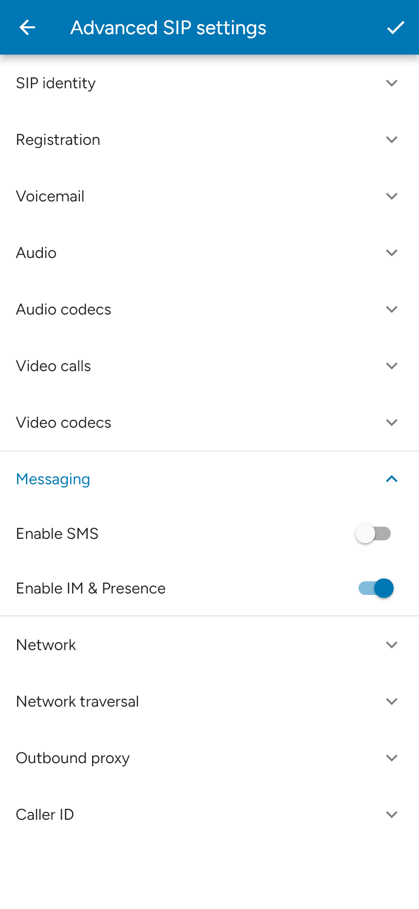Messaging options in Advanced SIP settings