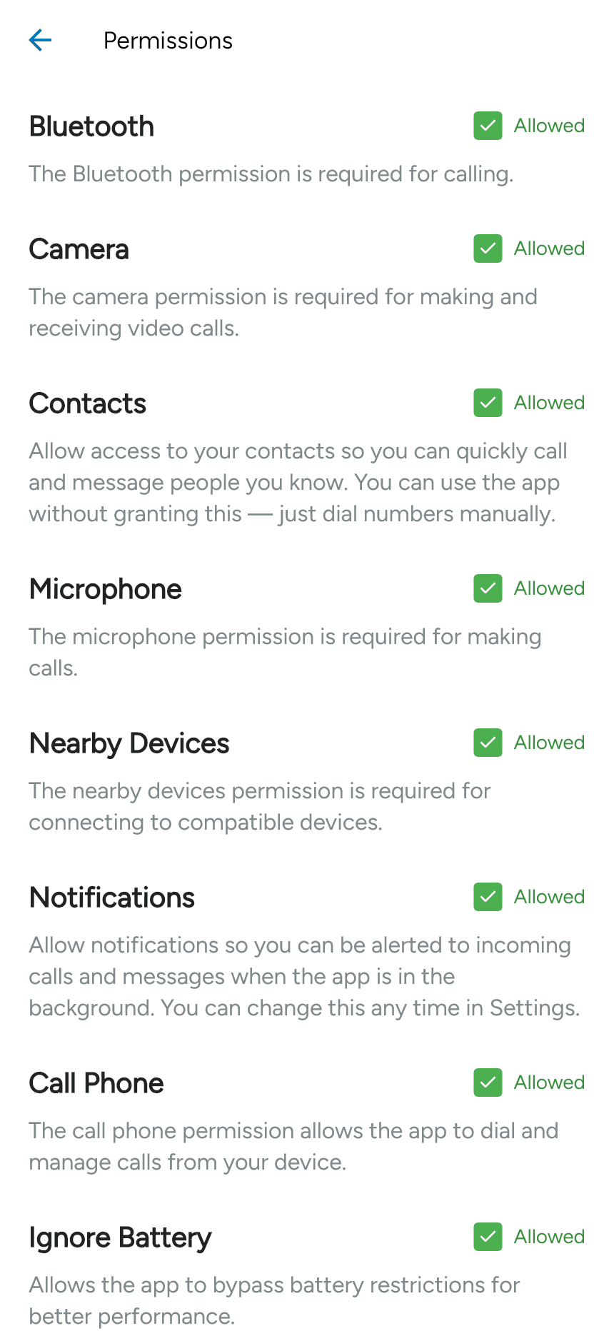 Android permissions page