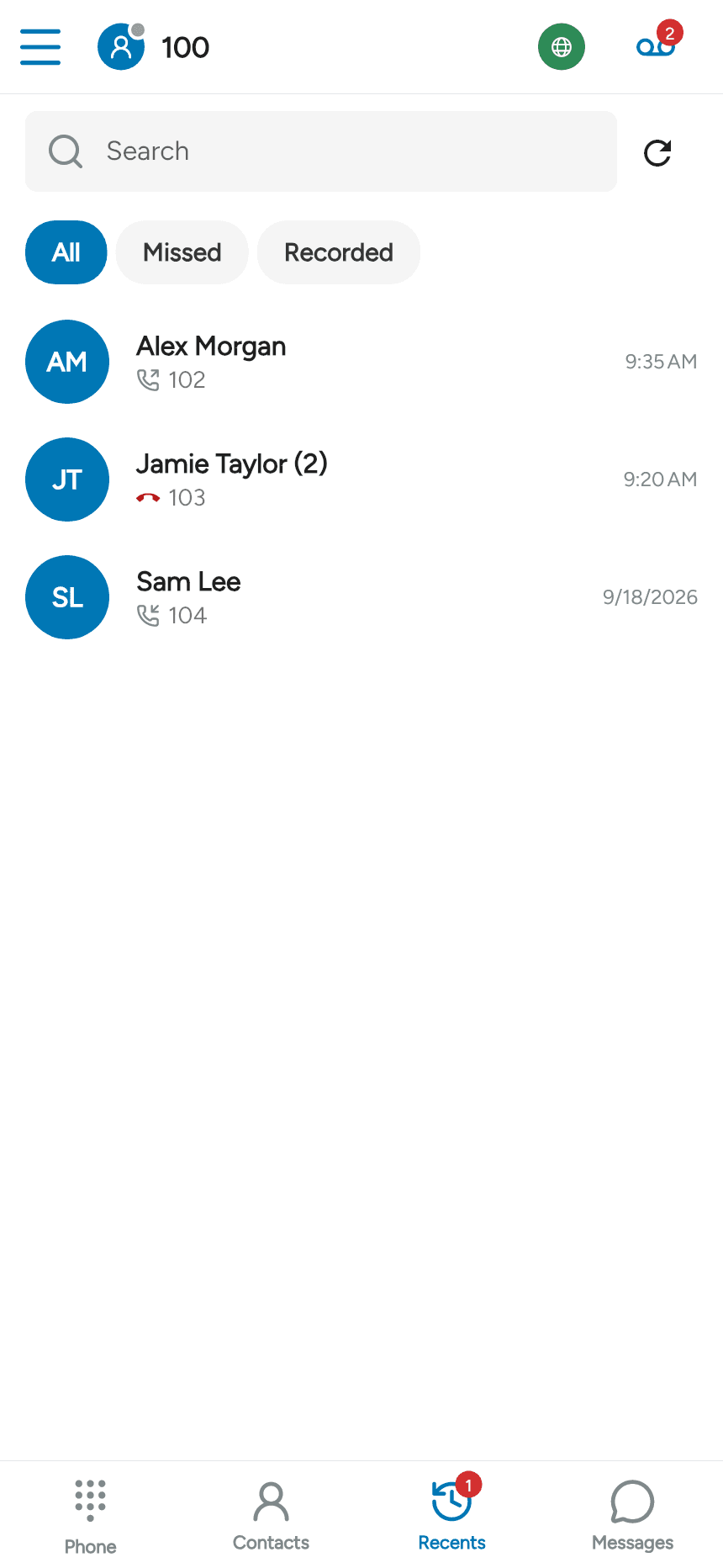Recent calls with search and filters