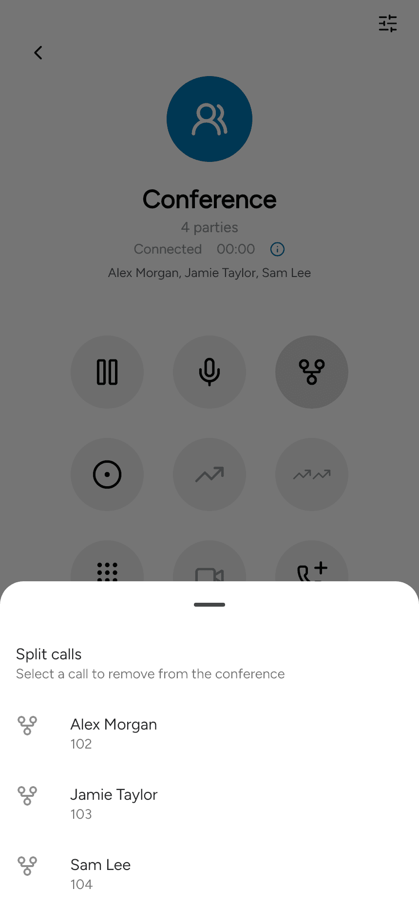 Selecting a call to split from a conference