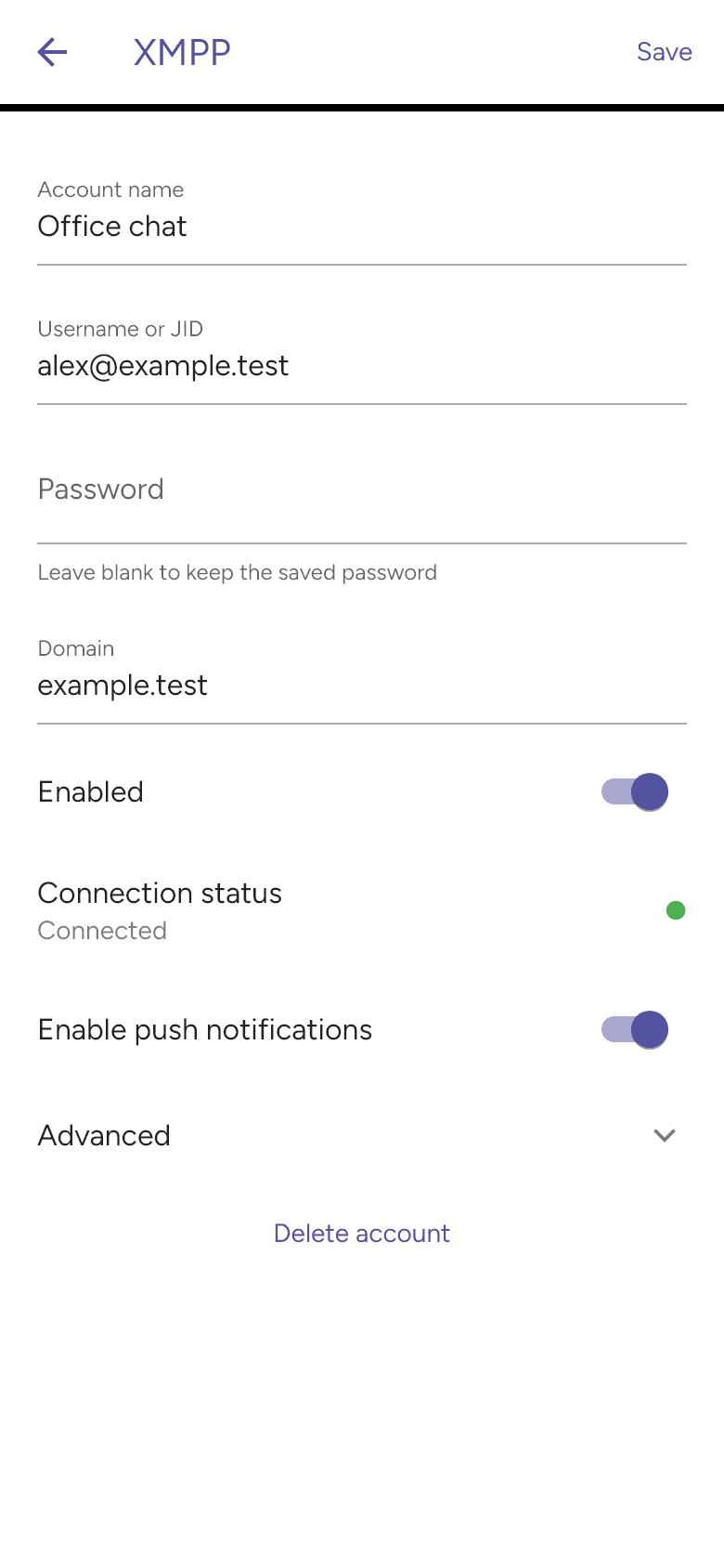 XMPP account with connection status and push notifications enabled