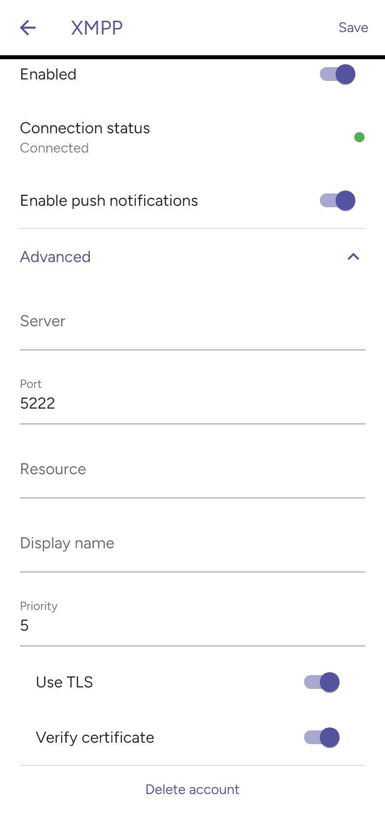 Advanced XMPP connection settings