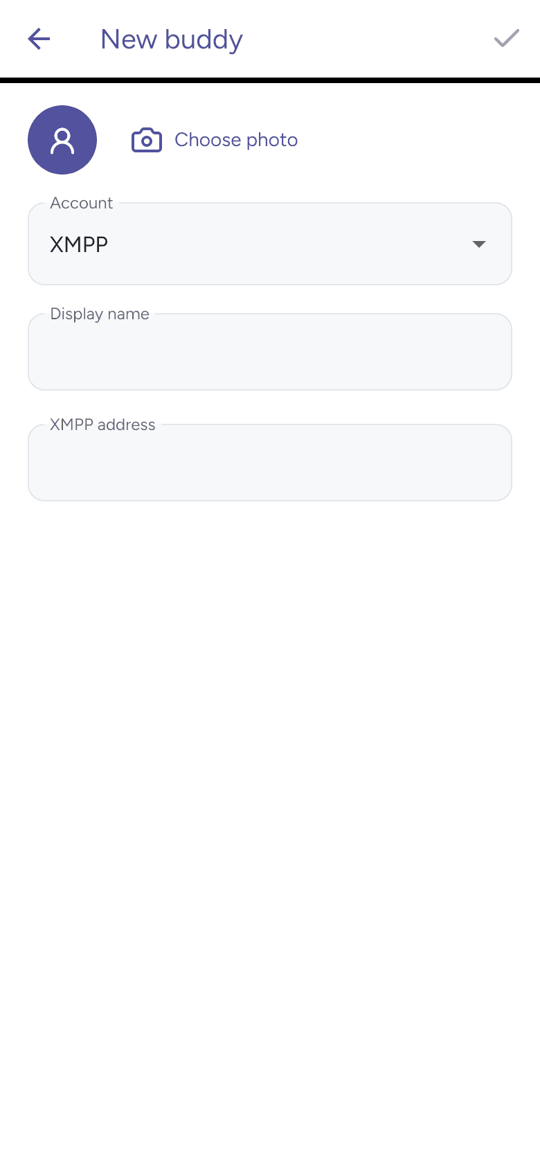 Current New buddy form with account and XMPP address