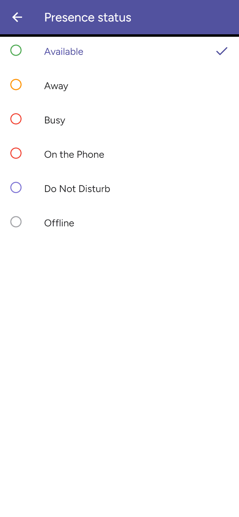 Available presence choices in the app