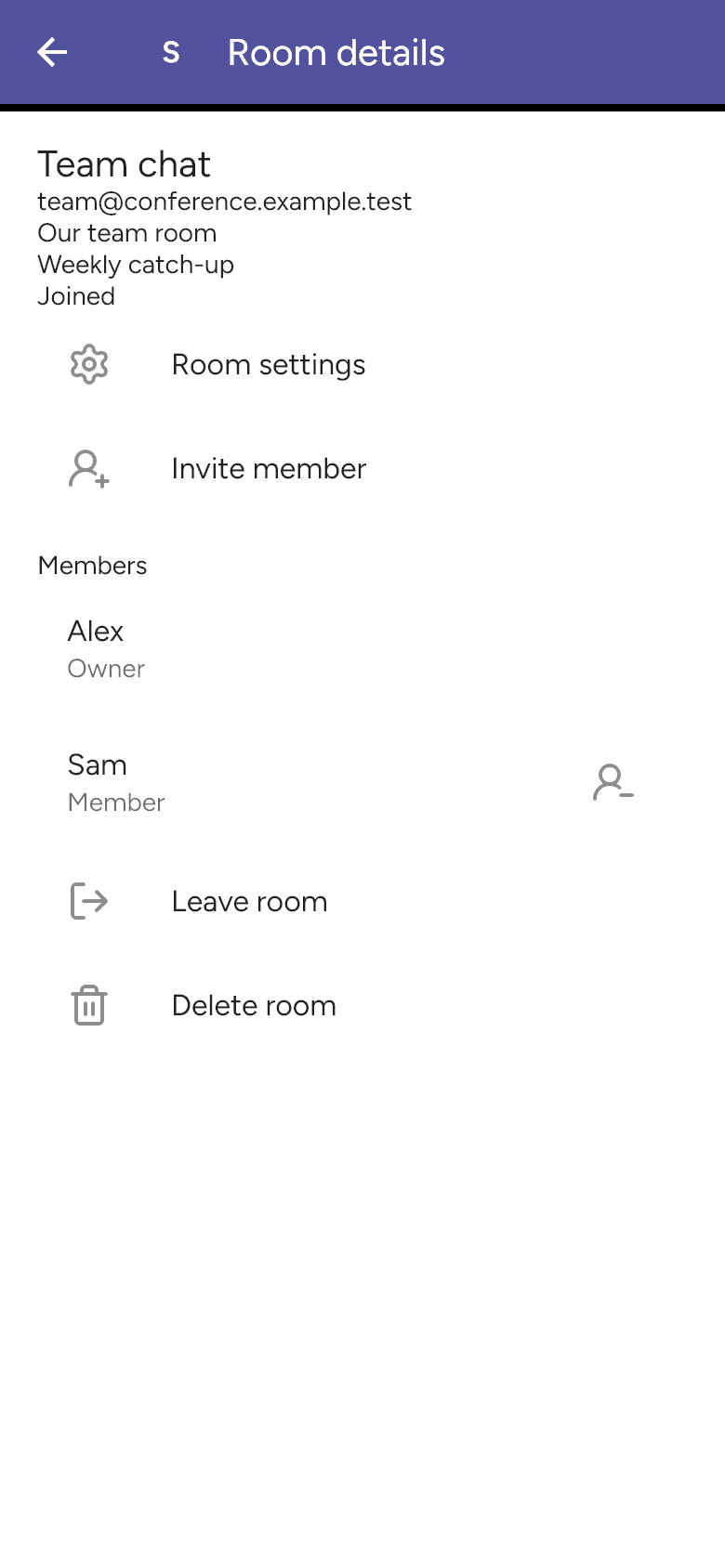 Room details showing owner and member roles