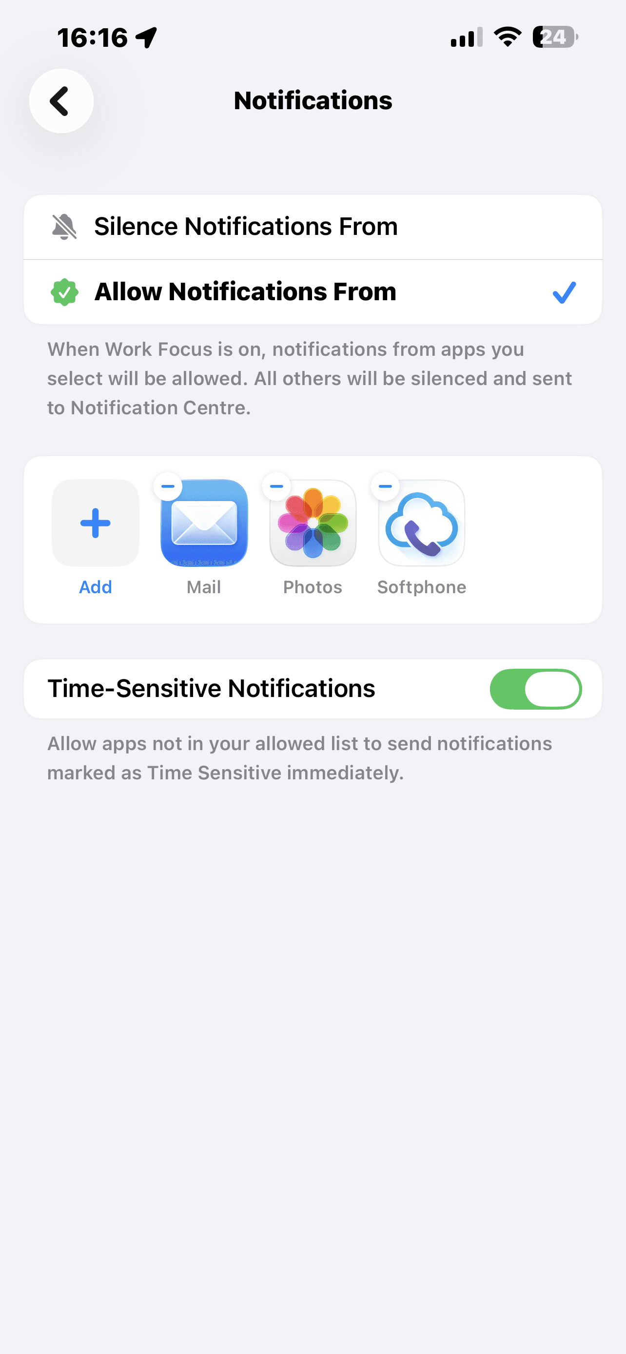 The app added to the allowed apps list inside an iOS Focus mode