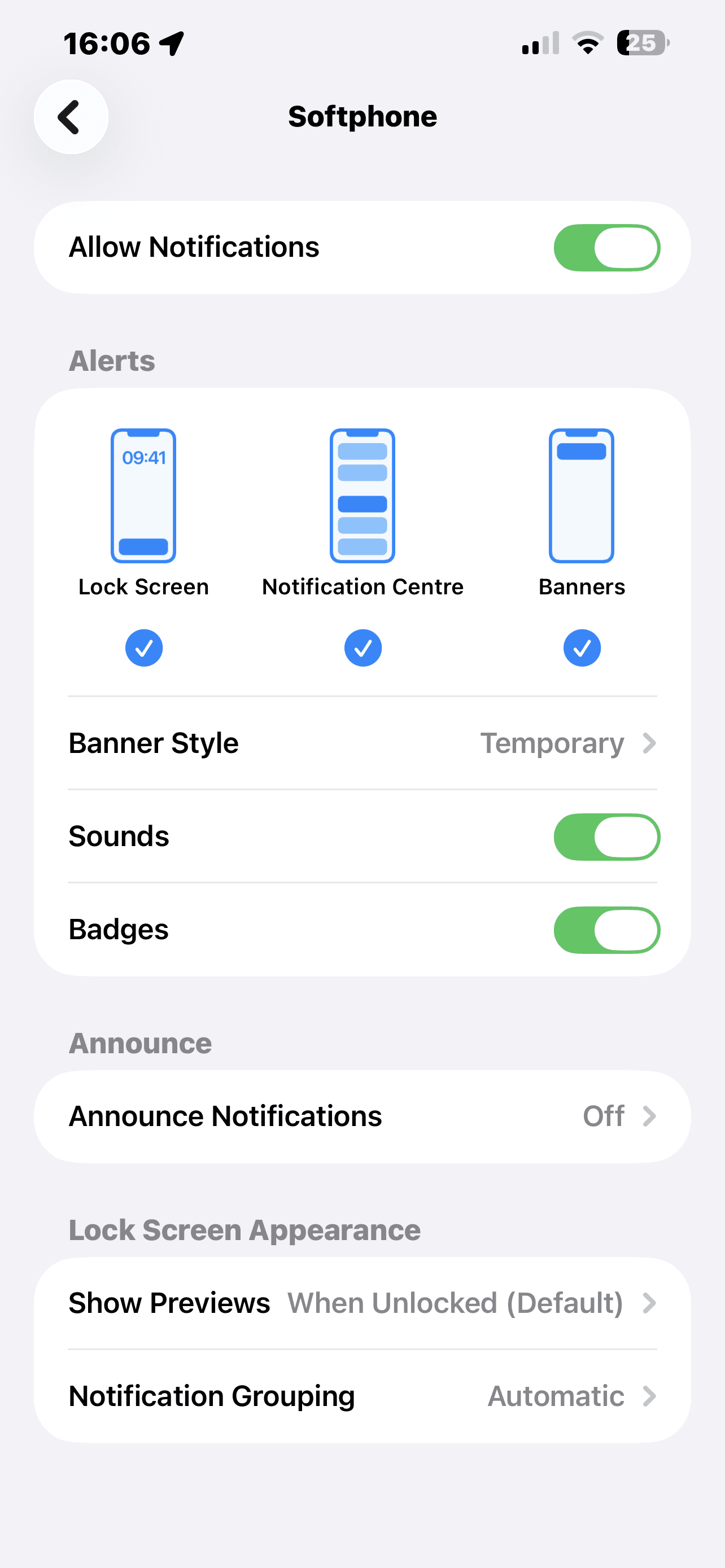The app's notification settings page inside iOS Settings, with Allow Notifications on